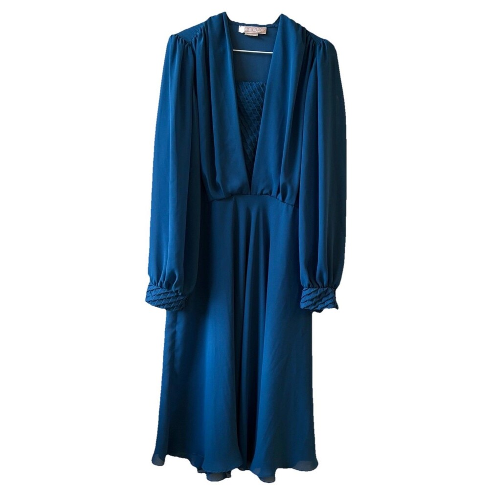Vintage Nancy G Blue A-Line V-Neck Long Sleeve Chiffon Midi Dress Size 10
